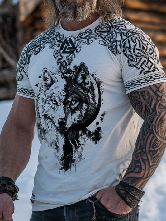 Uformelt T-skjort med vintage viking/norrøn etnisk kunsttrykk