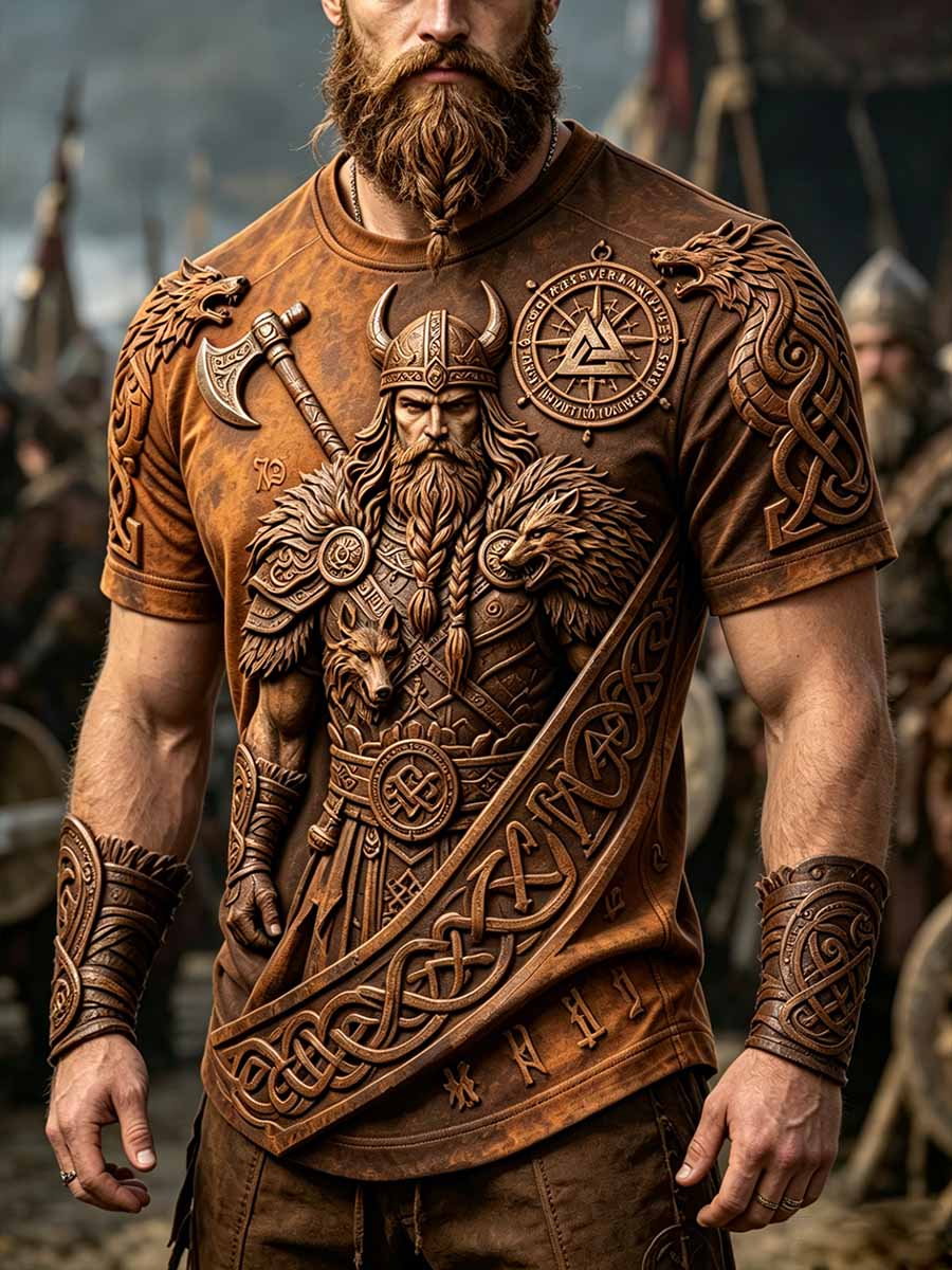 Menns kult retro vikingkriger-print i hverdagst-skjorte