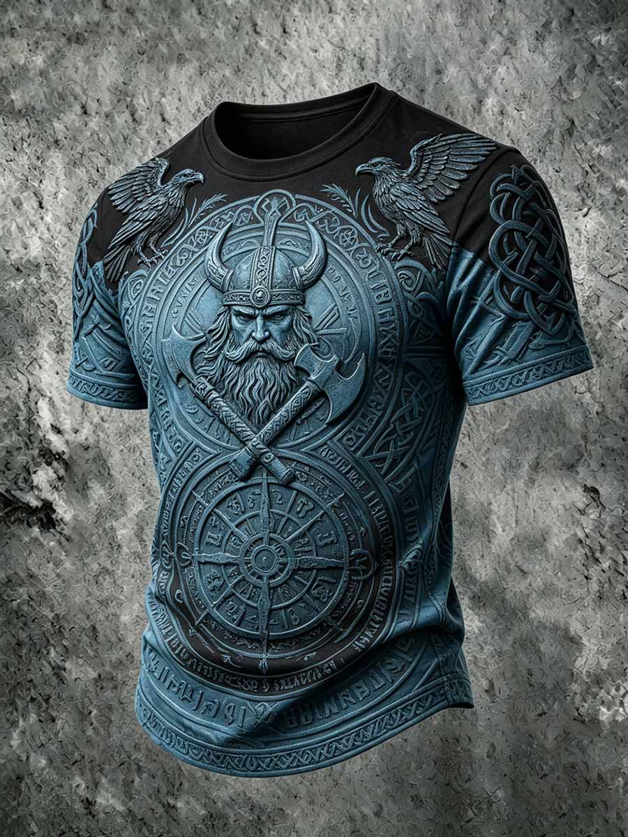 Menns kult retro vikingkriger-print i hverdagst-skjorte