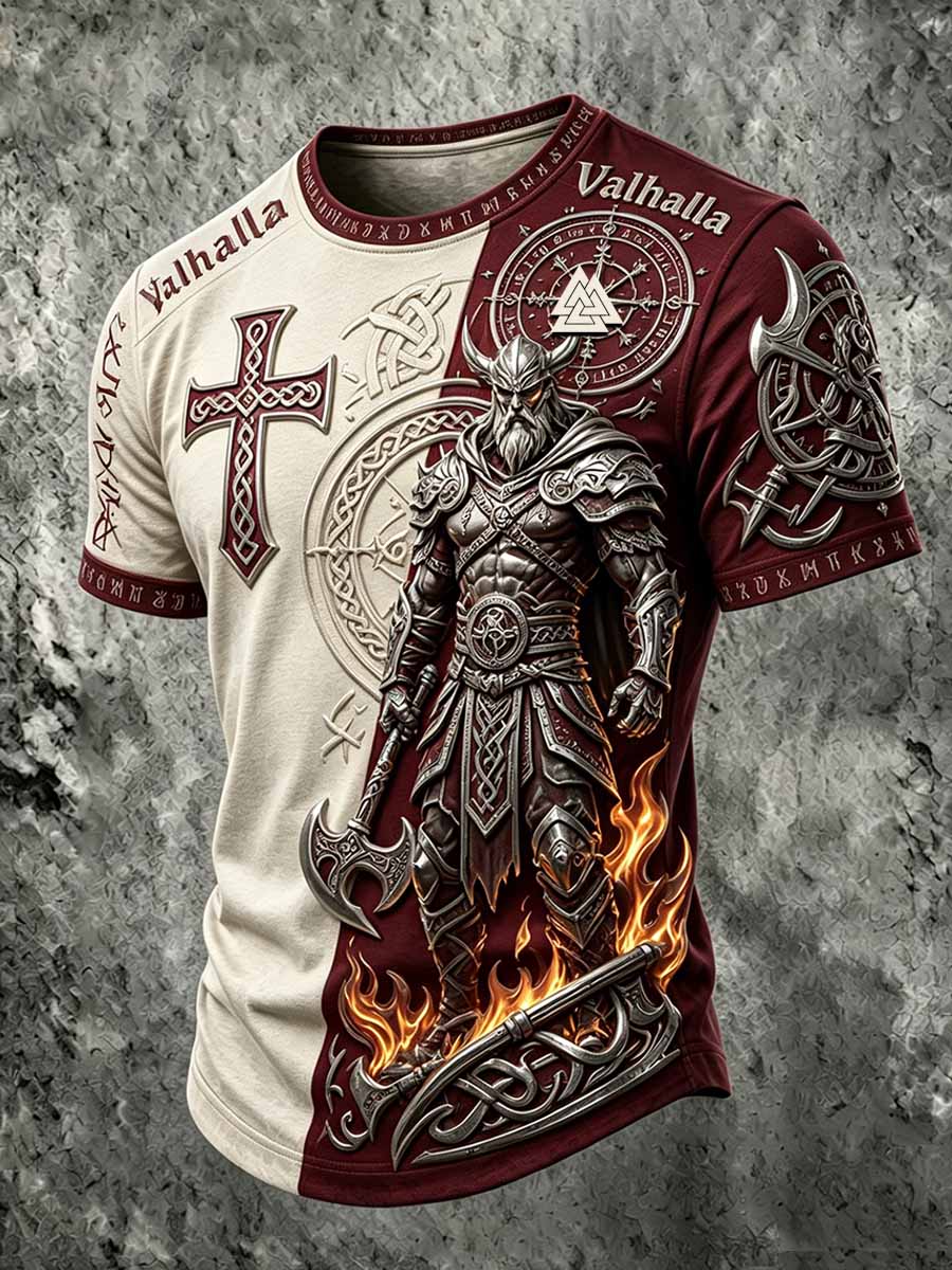 Menns kult retro vikingkriger-print i hverdagst-skjorte