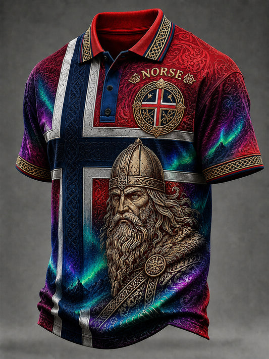 Uformell poloskjorte med vintage norsk viking-/skandinavisk folkemotivtrykk