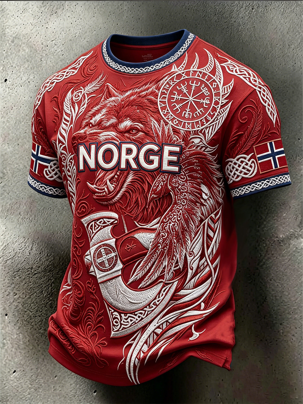 Menns retro norsk vikingdyremønster trykt hverdagslig t-skjorte med korte ermer