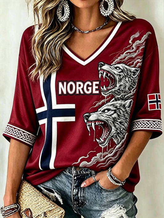 Kvinner Retro norsk viking dyr mønster trykt midt lengde ermer V-hals T-shirt