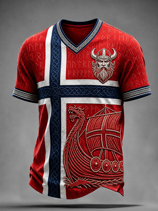 Menns Viking langskip Norge Falg Inspirert Celtic Print V-hals T-skjorte