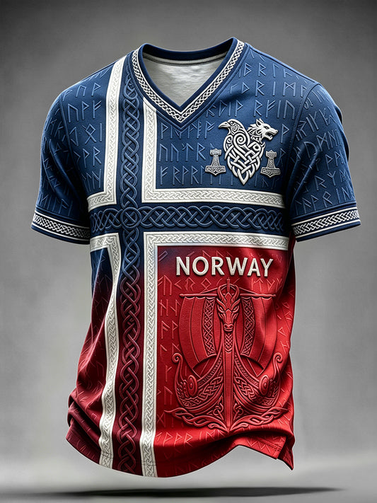 Menns Vintage Viking Inspirert keltisk Norge Flag Print V-hals T-skjorte