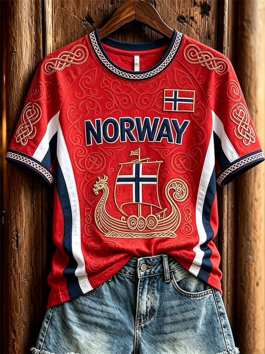 Damelag i Norge vikingskip keltisk knute flaggtrykk t-skjorte med kort ermer