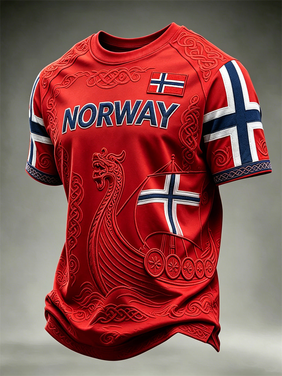 Herr T-skjorte fra Norge med vikingskips- og keltisk knute-motiv, kortermet, printet