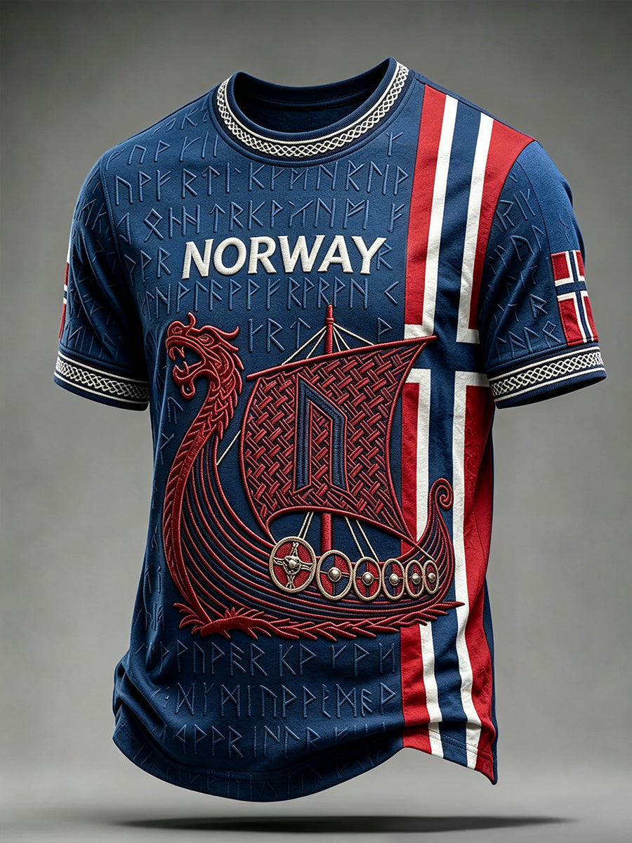 Herres Vikingskip og runer kunst Norge flagg trykk t-skjorte med korte ermer