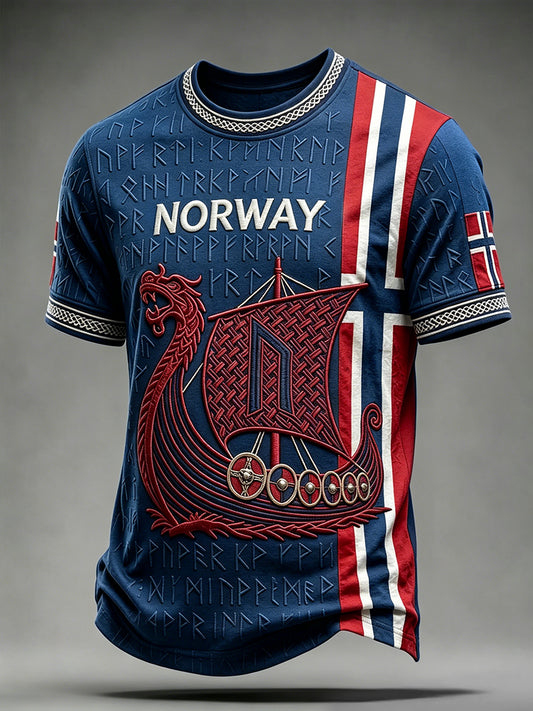 Herres Vikingskip og runer kunst Norge flagg trykk t-skjorte med korte ermer