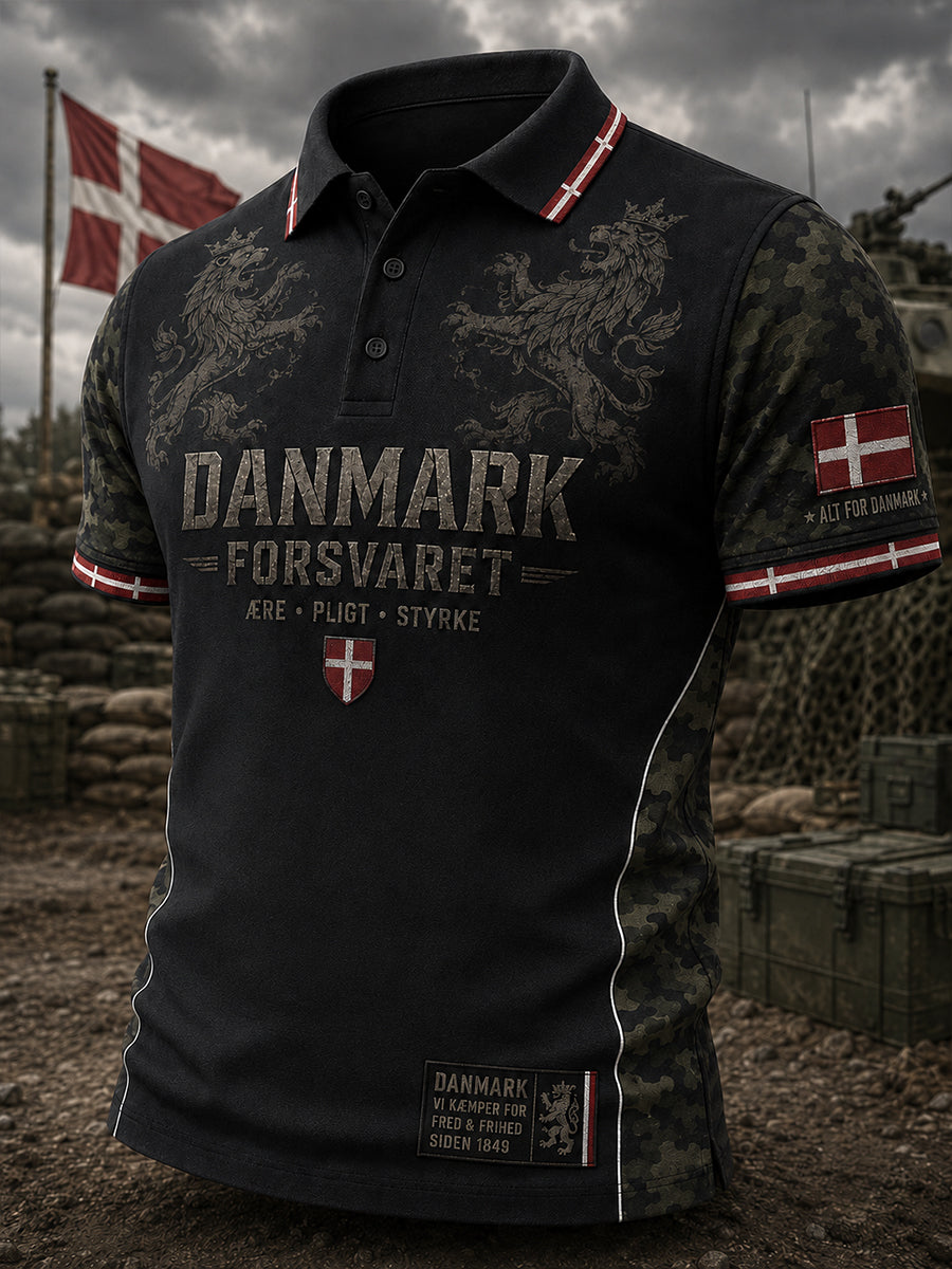 Mænds poloshirt med korte ærmer og vintagemønster i militærstil