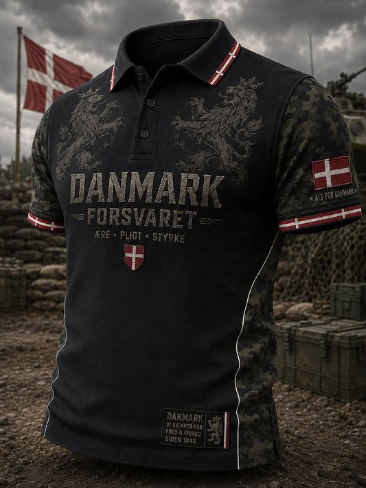 Mænds poloshirt med korte ærmer og vintagemønster i militærstil