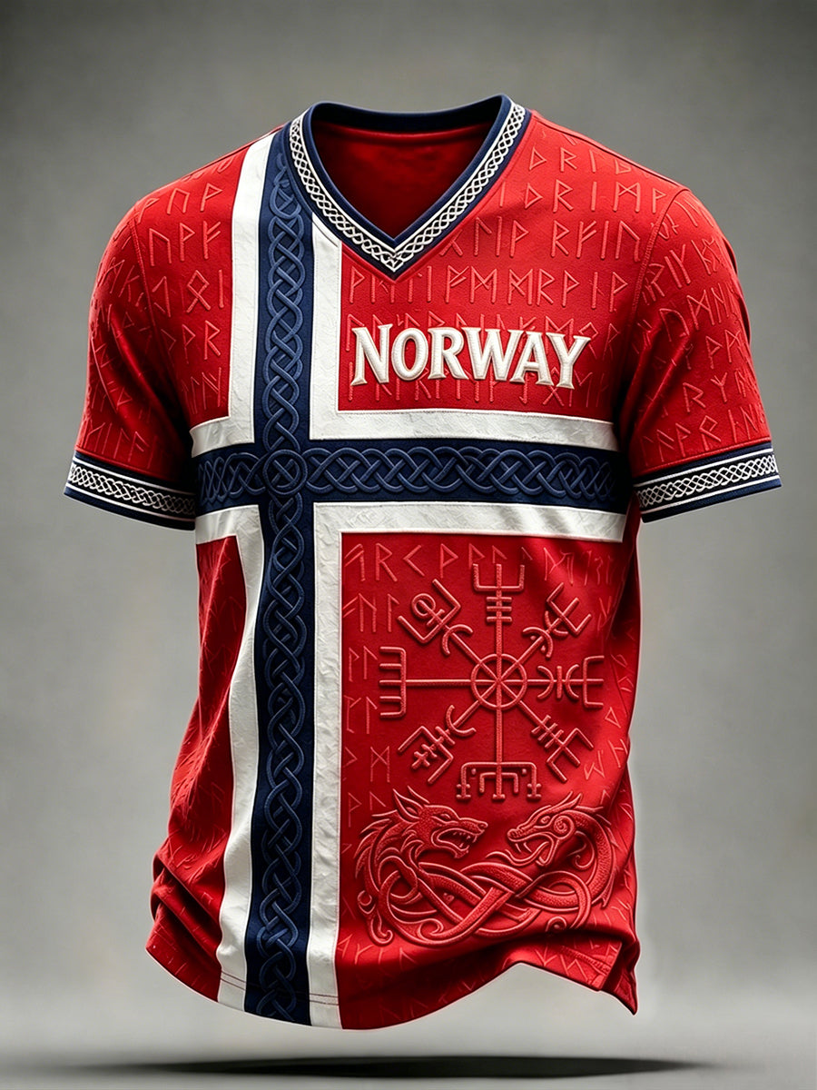 Herre Viking Vegvisir Rune Keltisk Norgesflagg Trykk T-skjorte med V-utfelling
