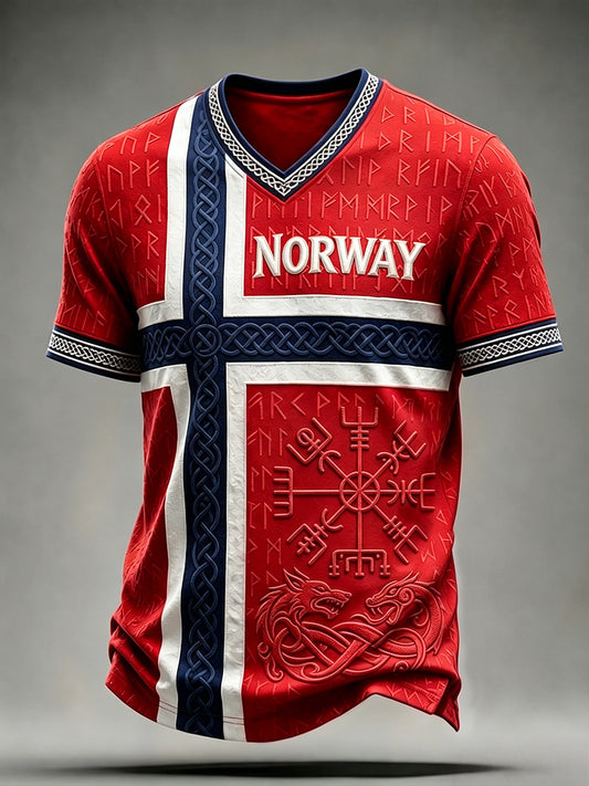 Herre Viking Vegvisir Rune Keltisk Norgesflagg Trykk T-skjorte med V-utfelling