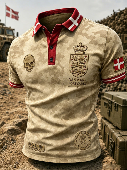 Mænds poloshirt med korte ærmer og vintagemønster i militærstil