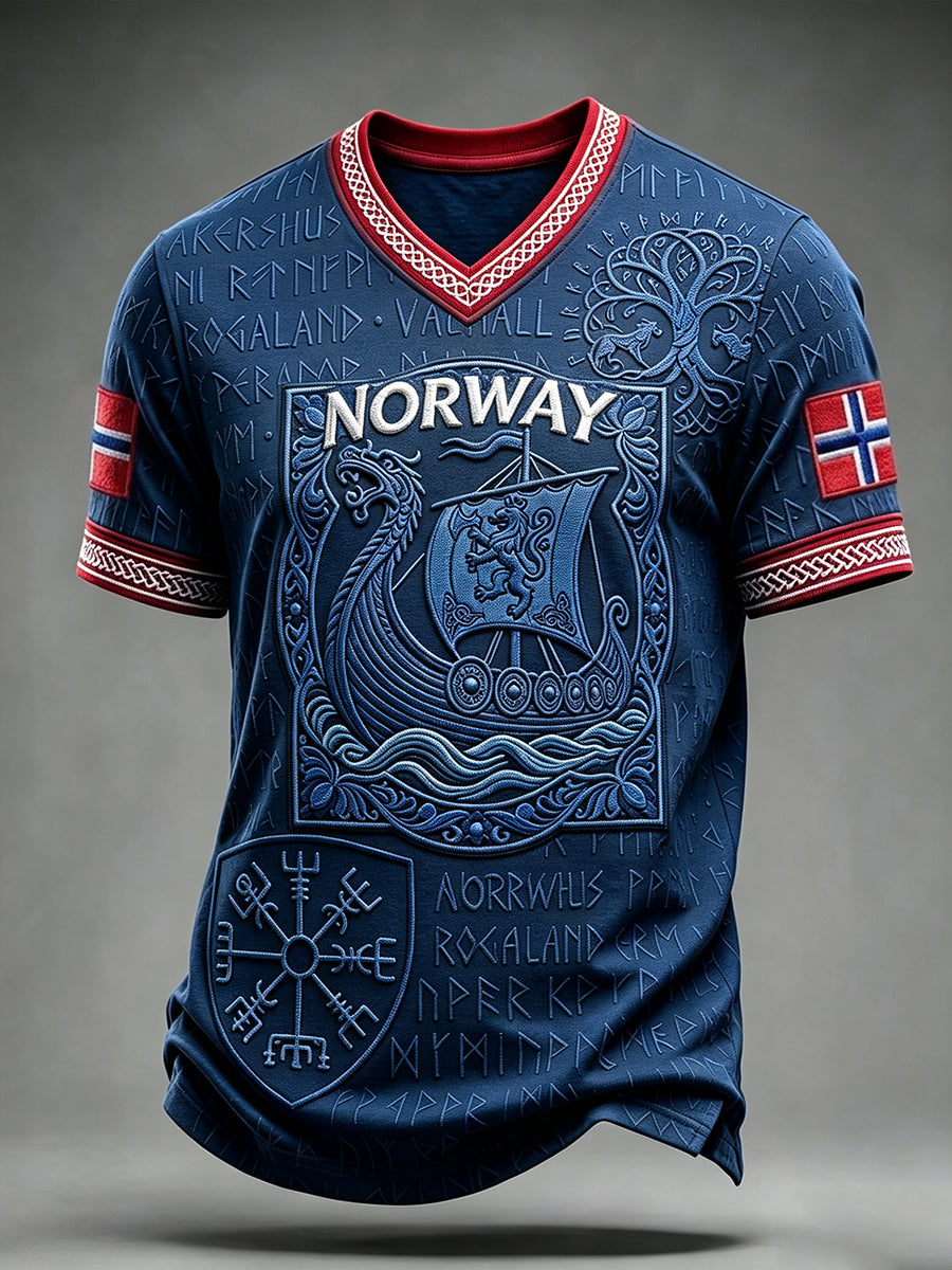 Menn Vintage Viking-inspirert kunst Norgesflagg-print V-hals t-skjorte