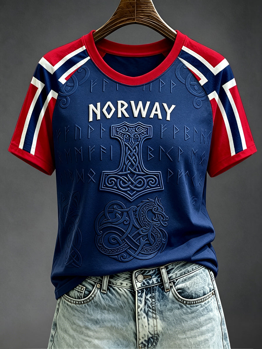 Kvinners viking-inspirert kunst keltisk Norgesflagg-print rund hals kortermet t-skjorte