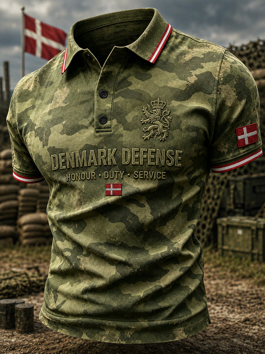 Mænds poloshirt med korte ærmer og vintagemønster i militærstil