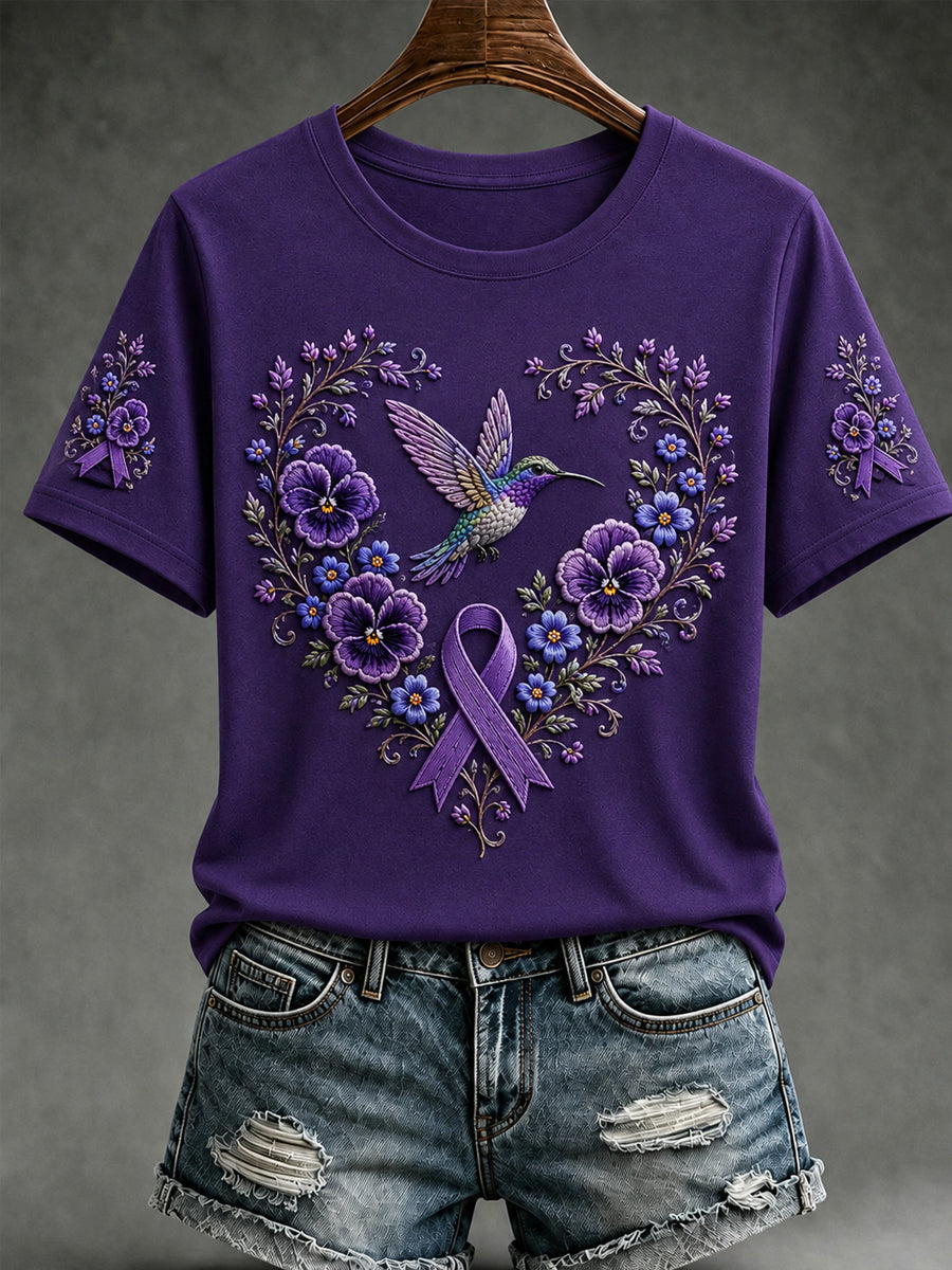 Kvinders lilla blomster & Hummingbird Print Alzheimers opmærksomhed Support Short Sleeve T-shirt