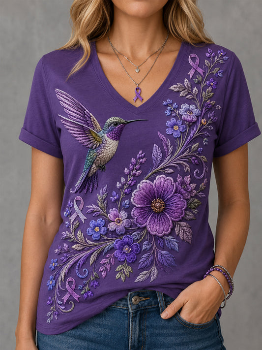 Kvinders lilla blomster & Hummingbird Print Alzheimers bevidsthed Support V-Neck Tee