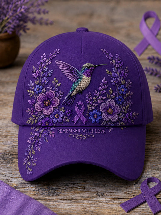 Unisex lilla hættesweatshirt med blomster- og kolibriprint til støtte for alzheimers-indsatsen