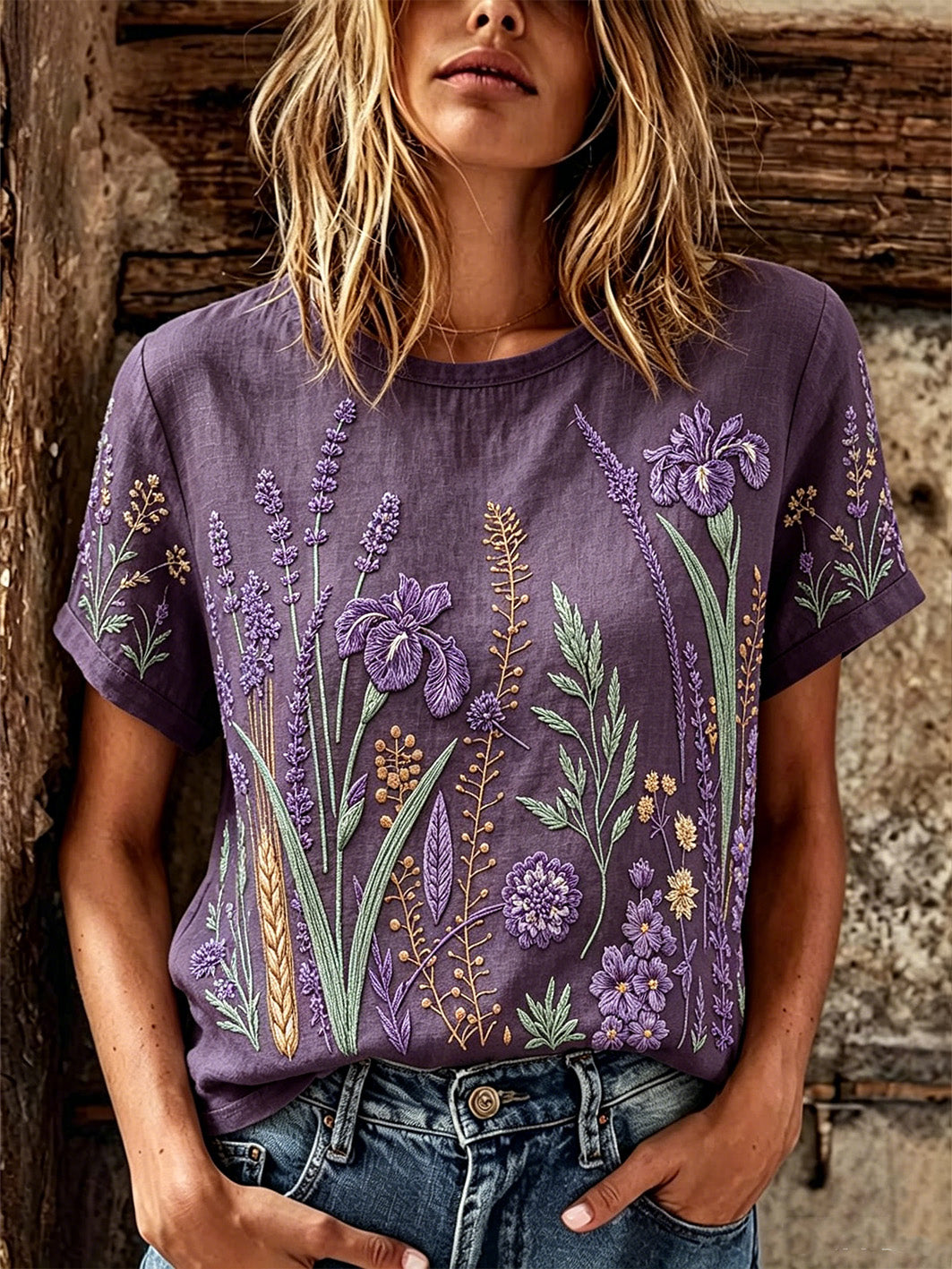 Kvinder lilla plante blomster mønster trykt afslappet linned kortærmet T-shirt