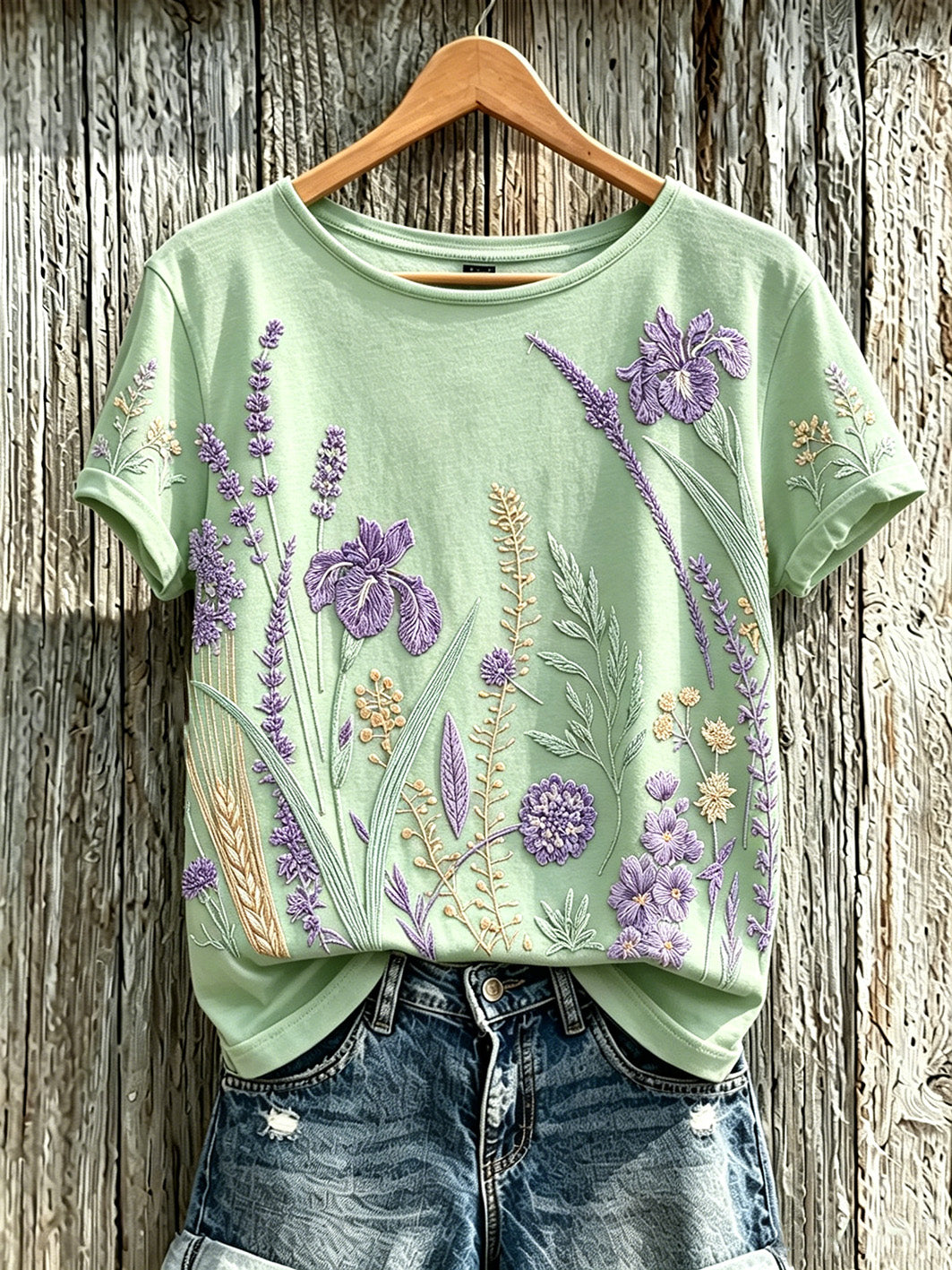 Kvinder lilla plante blomster mønster trykt afslappet T-shirt