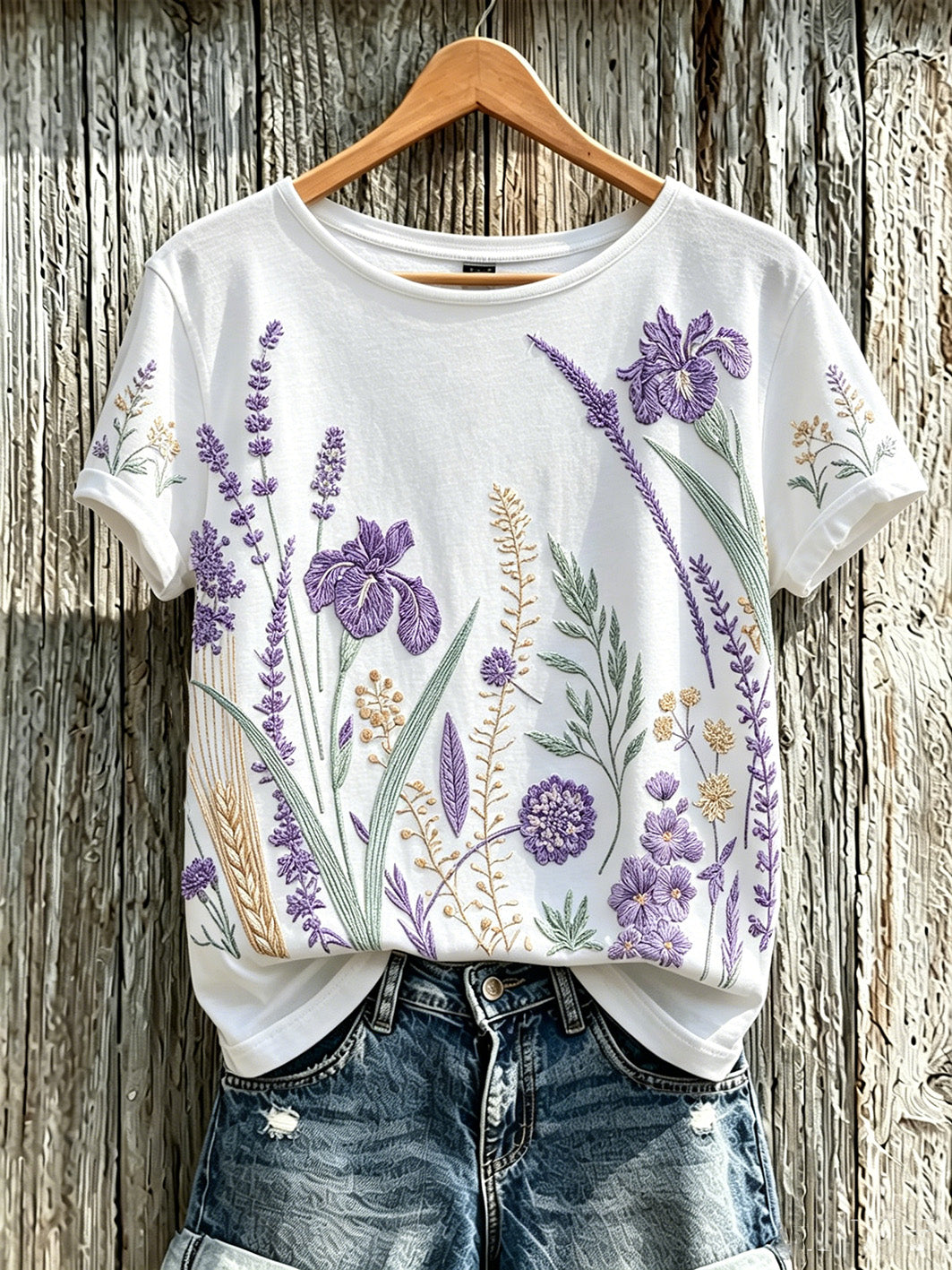 Kvinder lilla plante blomster mønster trykt afslappet T-shirt