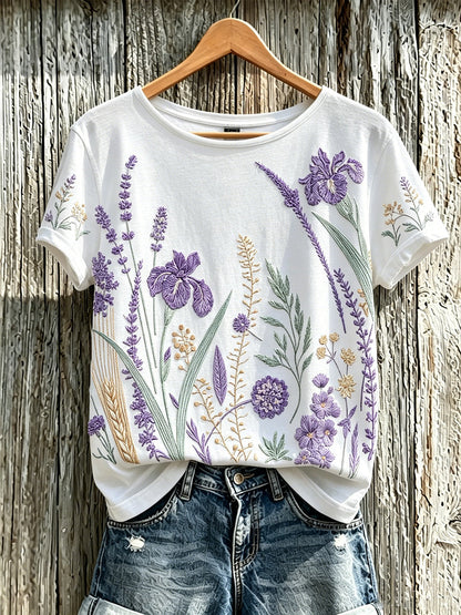 Kvinder lilla plante blomster mønster trykt afslappet T-shirt