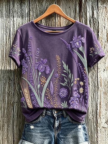 Kvinder lilla plante blomster mønster trykt afslappet T-shirt