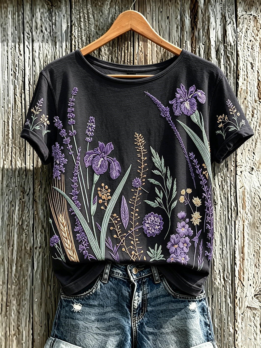 Kvinder lilla plante blomster mønster trykt afslappet T-shirt