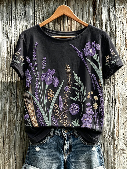 Kvinder lilla plante blomster mønster trykt afslappet T-shirt