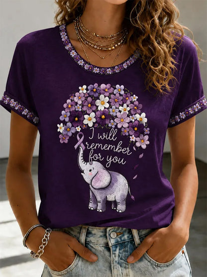 Dame-T-shirt med lilla blomster- og Alzheimers-bevidsthedsprint