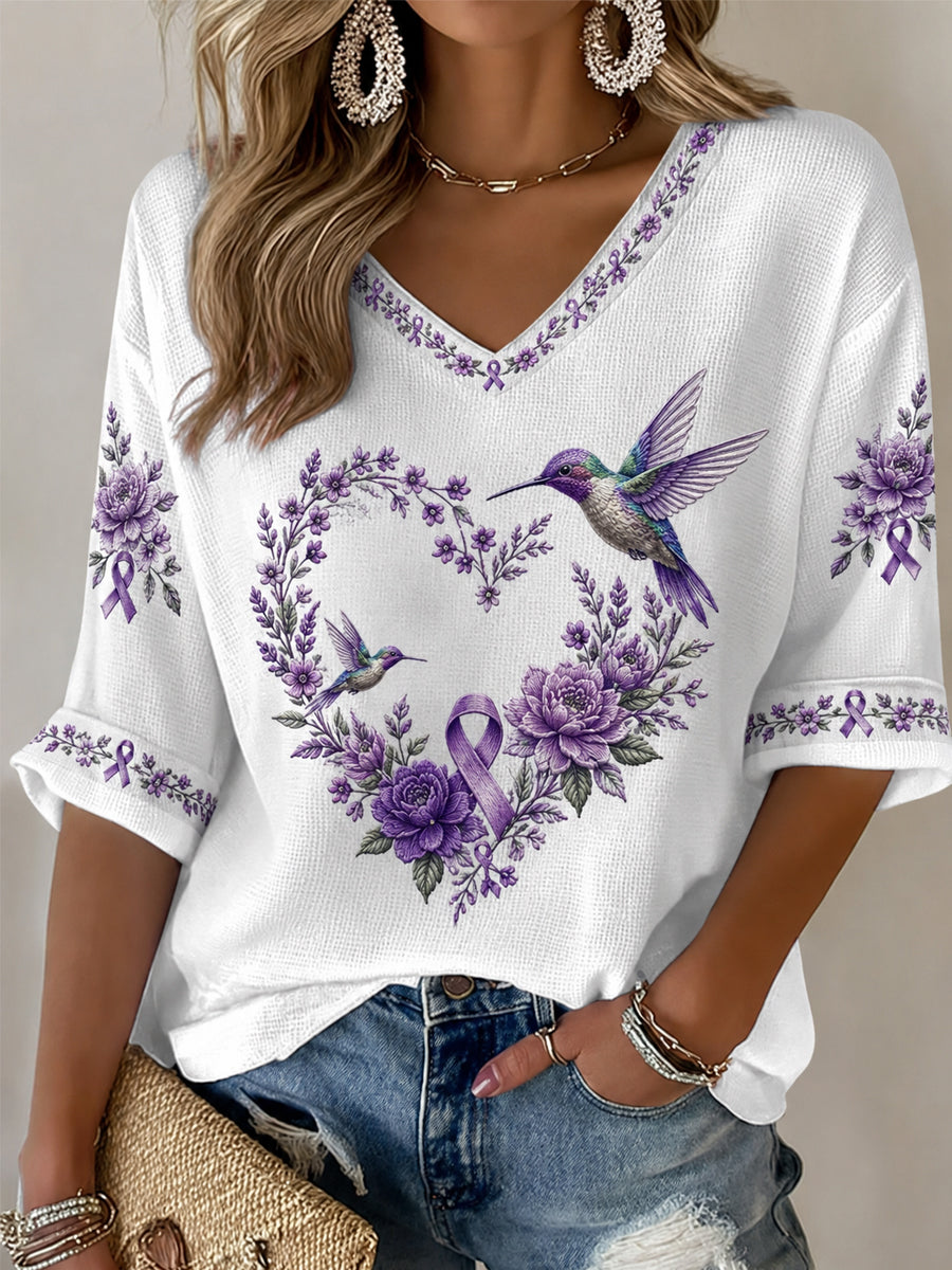 Kvinders lilla blomster & Hummingbird Print Alzheimers opmærksomhed Support Halværme V-Neck T Tryke