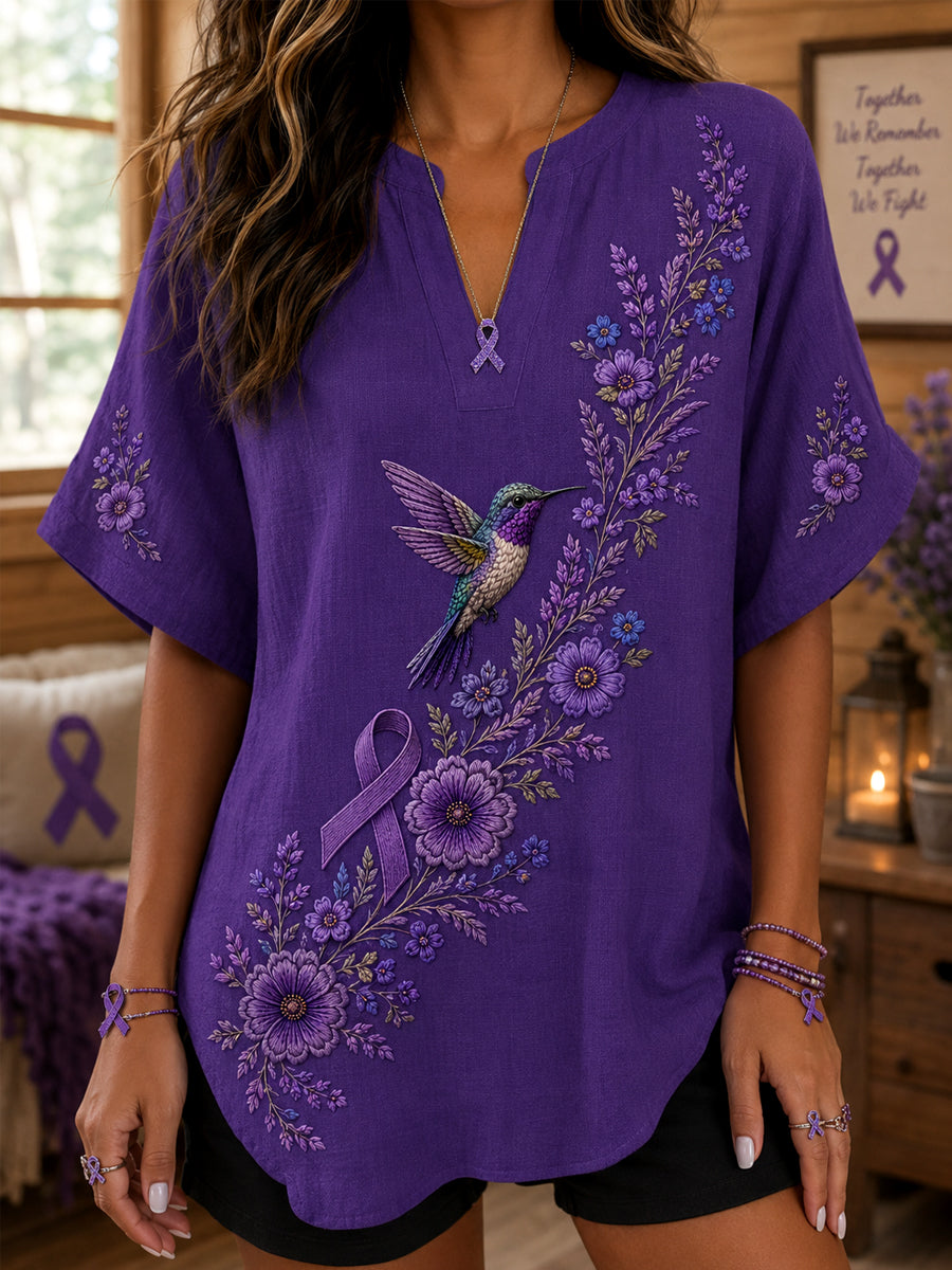 Kvinders lilla blomster & Hummingbird Print Alzheimers bevidsthed Support V-Neck skjorte