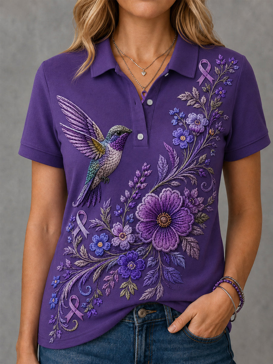 Kvinders lilla blomster & Hummingbird Print Alzheimers bevidsthed Support Polos