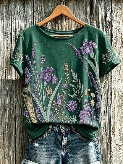 Kvinder lilla plante blomster mønster trykt afslappet T-shirt