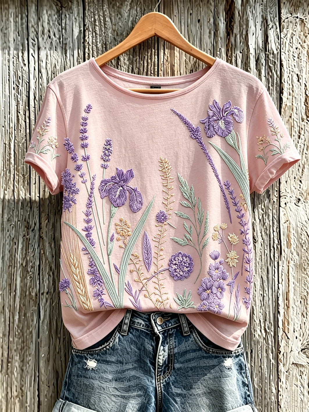 Kvinder lilla plante blomster mønster trykt afslappet T-shirt