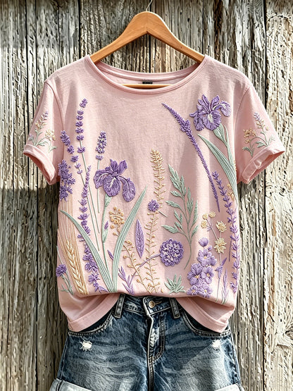 Kvinder lilla plante blomster mønster trykt afslappet T-shirt