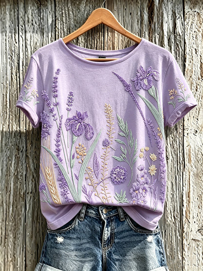 Kvinder lilla plante blomster mønster trykt afslappet T-shirt