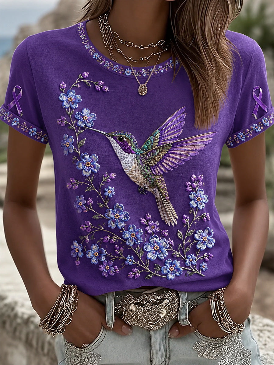 Kvinders lilla blomster & Hummingbird Print Alzheimers bevidsthed Support Tee