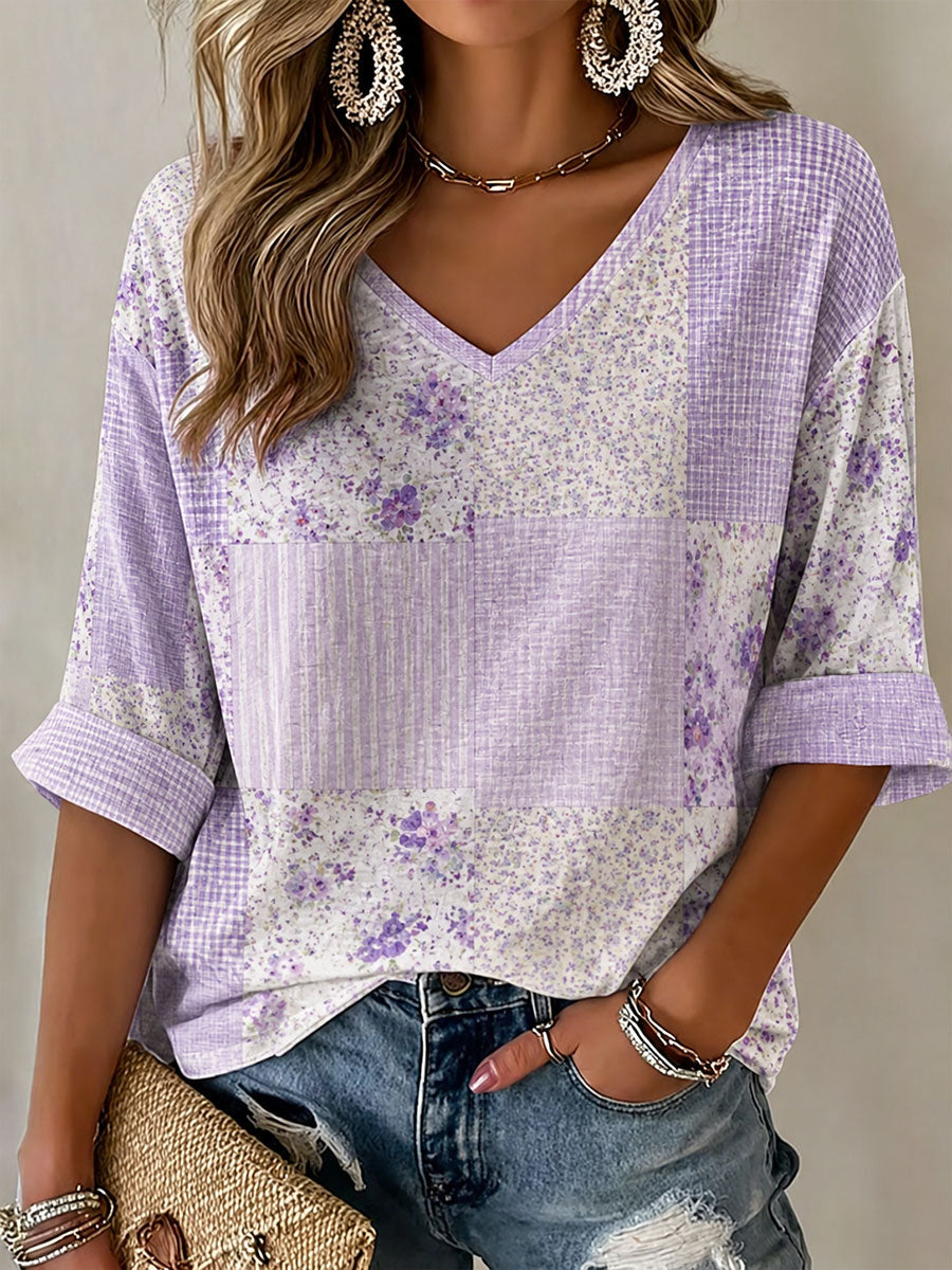 Kvinders lilla blomster Print Casual T-shirt