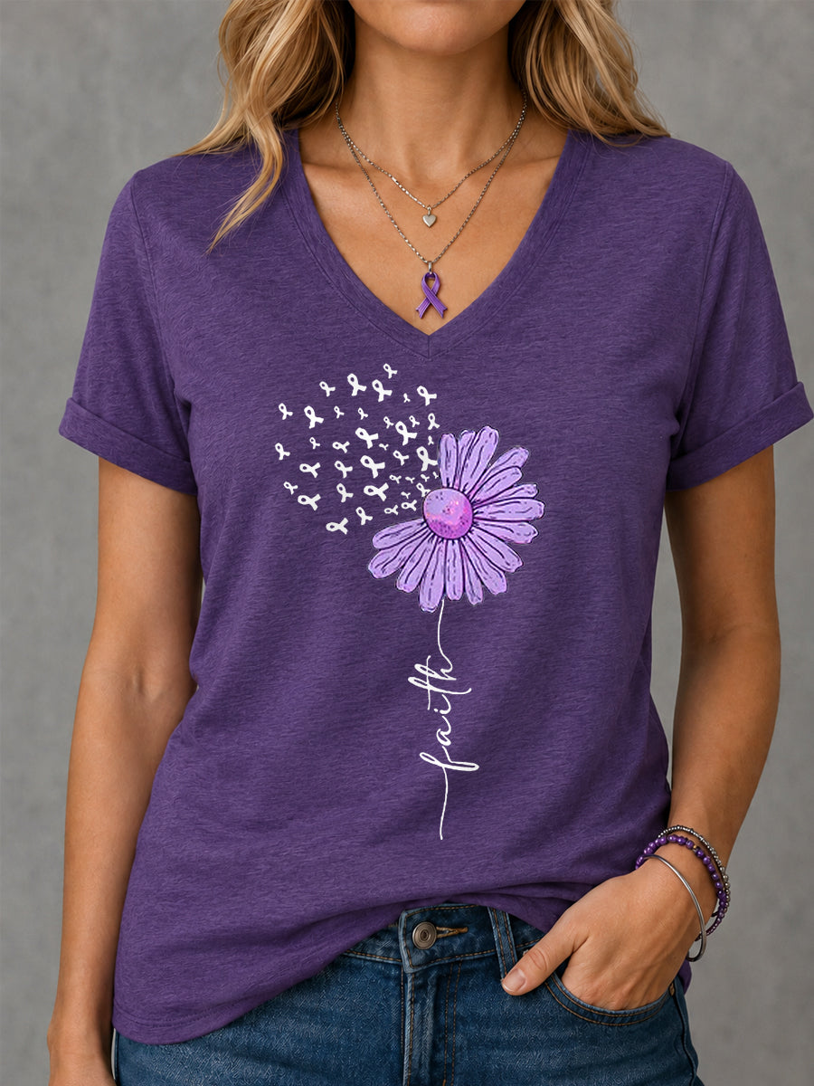 Kvinders lilla Ribbon Solsikke Tro Print Alzheimers bevidsthed Support V-Neck Tee