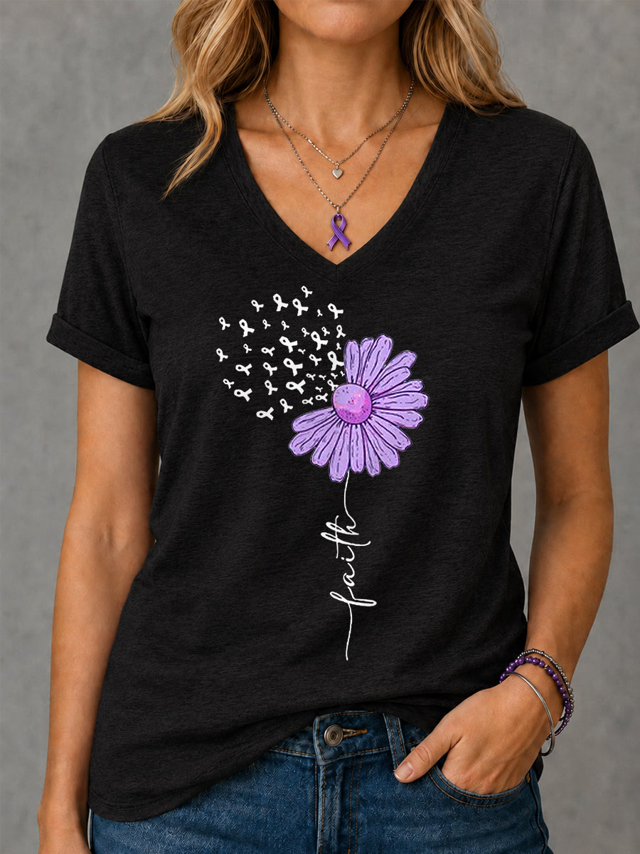 Kvinders lilla Ribbon Solsikke Tro Print Alzheimers bevidsthed Support V-Neck Tee