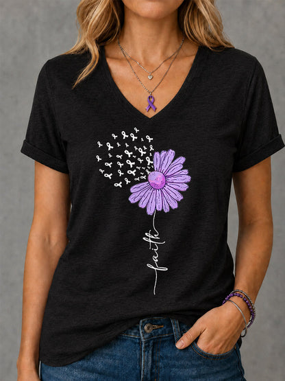 Kvinders lilla Ribbon Solsikke Tro Print Alzheimers bevidsthed Support V-Neck Tee