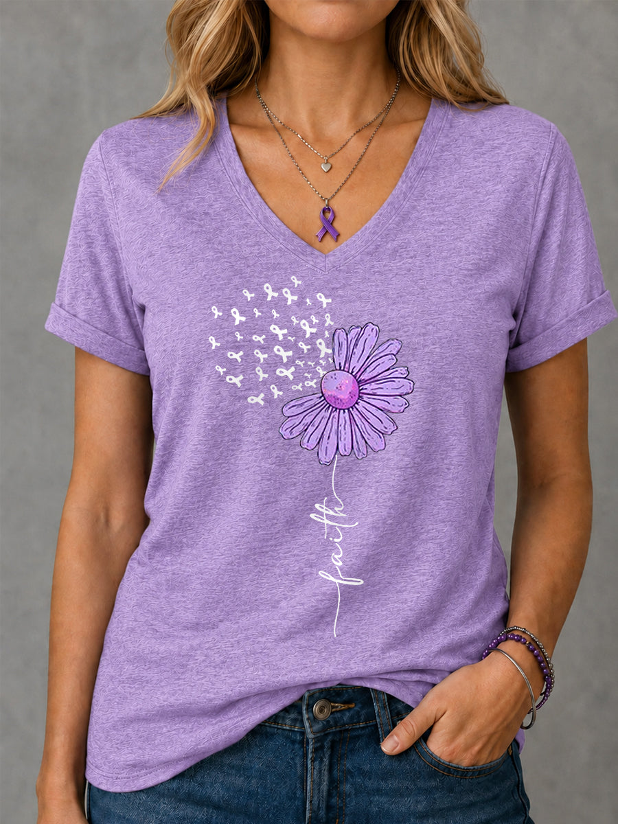 Kvinders lilla Ribbon Solsikke Tro Print Alzheimers bevidsthed Support V-Neck Tee