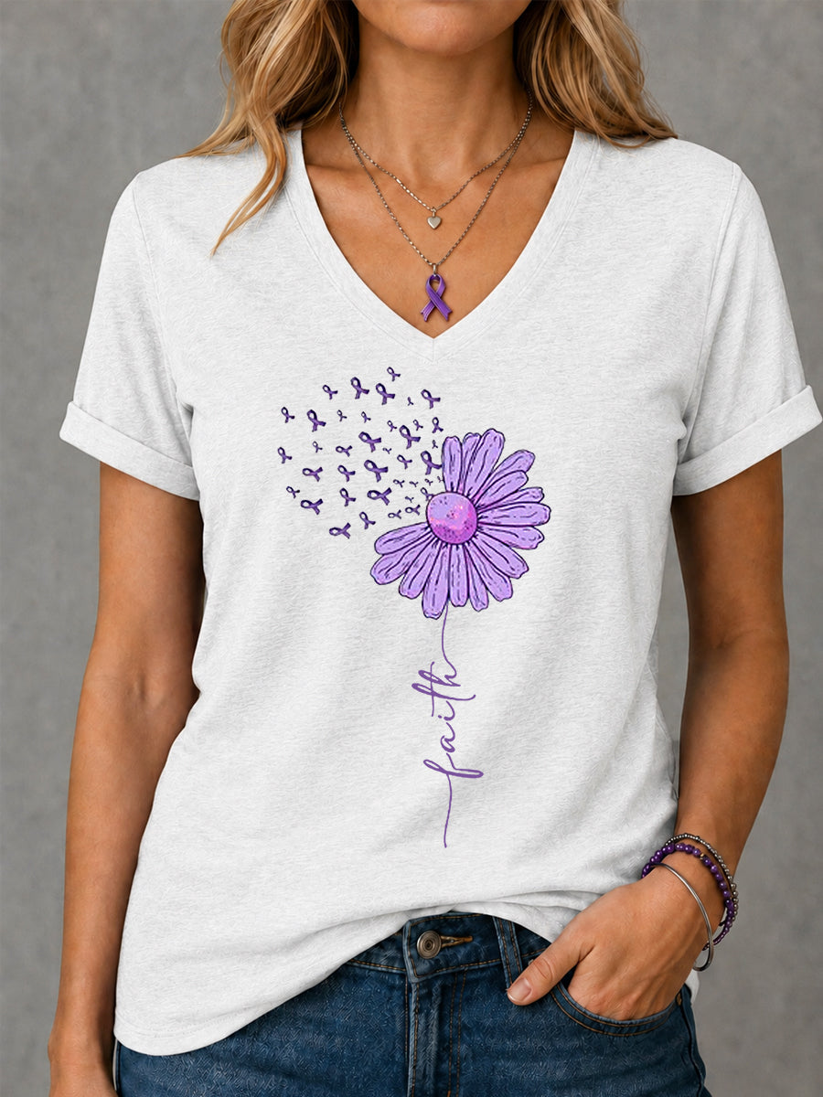 Kvinders lilla Ribbon Solsikke Tro Print Alzheimers bevidsthed Support V-Neck Tee