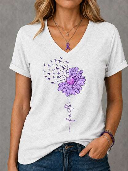 Kvinders lilla Ribbon Solsikke Tro Print Alzheimers bevidsthed Support V-Neck Tee