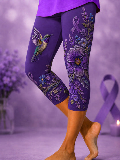 Kvinders lilla blomster & Hummingbird Print Alzheimers opmærksomhed Støtte beskårne Leggings