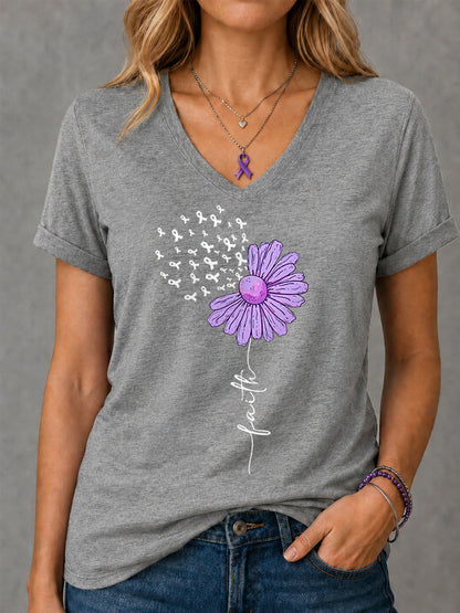 Kvinders lilla Ribbon Solsikke Tro Print Alzheimers bevidsthed Support V-Neck Tee