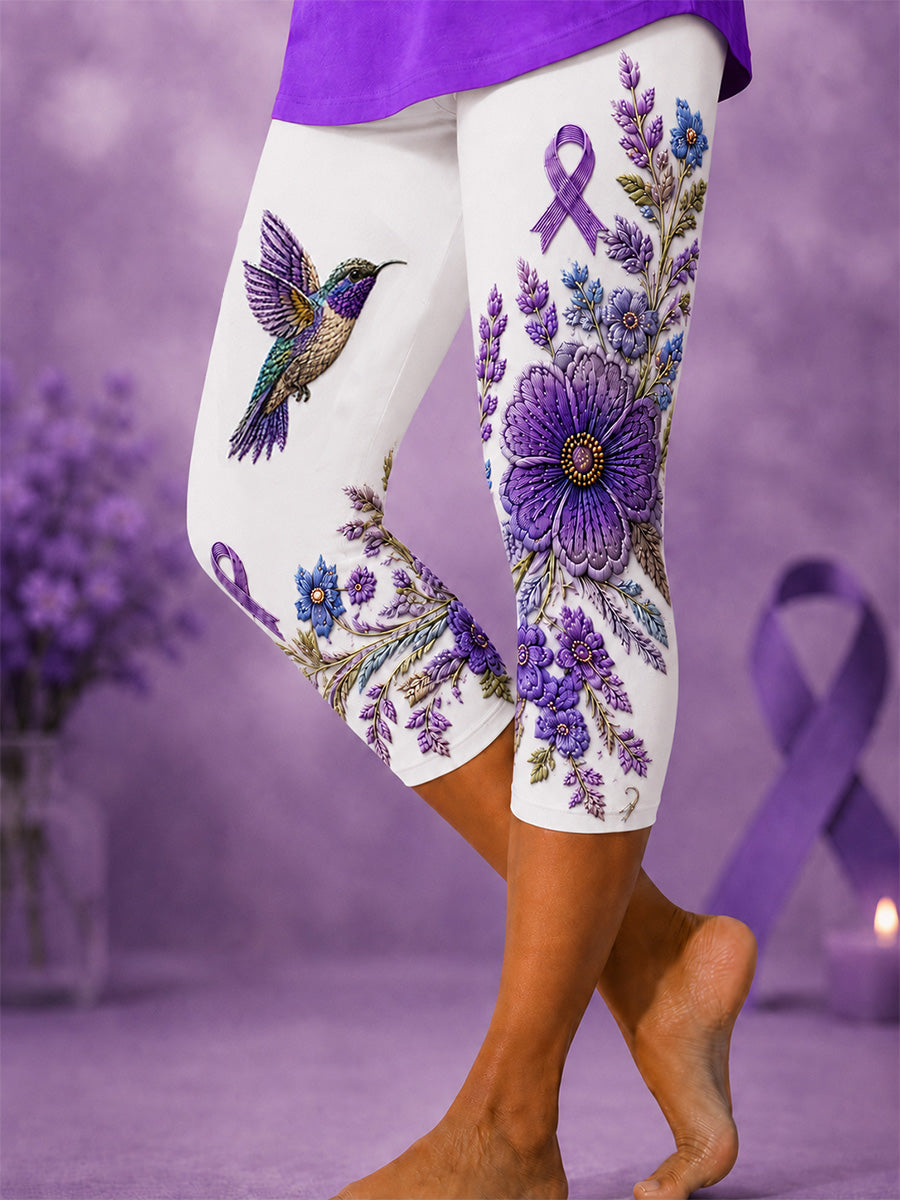 Kvinders lilla blomster & Hummingbird Print Alzheimers opmærksomhed Støtte beskårne Leggings